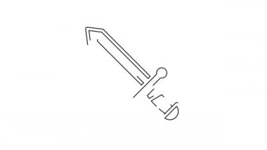 Siyah çizgi Ortaçağ kılıç ikonu beyaz arka planda izole edilmiş. Ortaçağ silahı. 4K Video hareketli grafik canlandırması.