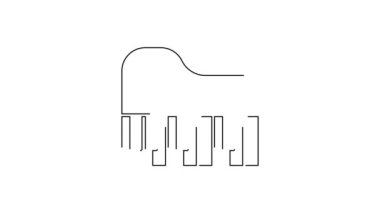 Siyah çizgi Grand piyano ikonu beyaz arkaplanda izole edildi. Müzik aleti. 4K Video hareketli grafik canlandırması.