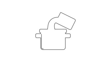 Beyaz arkaplanda siyah çizgili tencere ikonu izole edilmiş. Haşlama ya da güveç besin sembolü. 4K Video hareketli grafik canlandırması .