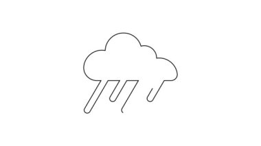 Beyaz zemin üzerinde yağmur ikonu olan siyah çizgi bulutu. Yağmur damlaları ile yağmur bulutu yağışı. 4K Video hareketli grafik canlandırması .