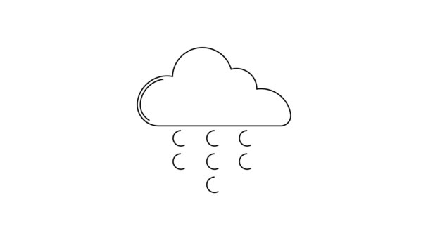 白い背景に雨のアイコンが隔離されたブラックラインクラウド 雨滴と雨の雲の降水量 4Kビデオモーショングラフィックアニメーション — ストック動画
