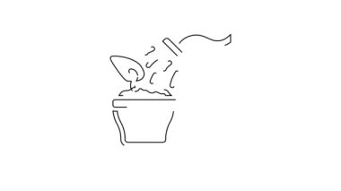 Beyaz arka planda izole edilmiş bir sprey tabanca ikonu olan bir ev bitkisine sprey sıkarken siyah çizgi. Yaprakların nemlenmesi. Çiçeklerle ilgilen. 4K Video hareketli grafik canlandırması .