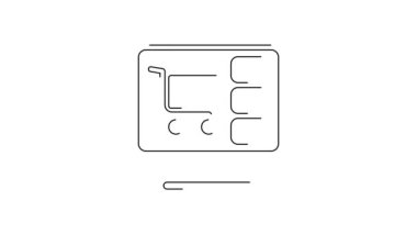Ekran bilgisayarındaki siyah çizgi alışveriş arabası beyaz arkaplanda izole edilmiş. Konsept e-ticaret, e-ticaret, online iş pazarlama. 4K Video hareketli grafik canlandırması .