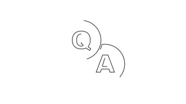 Beyaz zemin üzerinde Soru ve Yanıt simgesi olan siyah çizgi konuşma baloncukları. Q ve A sembolü. SSS işareti. Konuşma balonu ve çizelgesi. 4K Video hareketli grafik canlandırması .