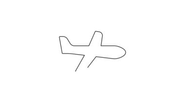 Siyah çizgi düzlem simgesi beyaz arkaplanda izole edildi. Uçan uçak ikonu. Uçak tabelası. 4K Video hareketli grafik canlandırması .