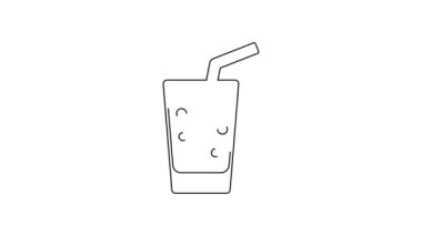 Beyaz zemin üzerinde su ikonu olan siyah çizgi camlar. Soda bardağı. 4K Video hareketli grafik canlandırması.