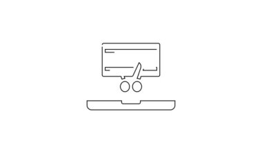 Siyah çizgi video kaydedicisi veya dizüstü bilgisayar simgesindeki düzenleyici yazılımı beyaz arkaplanda izole edildi. Dizüstü bilgisayarda video düzenleme. 4K Video hareketli grafik canlandırması.