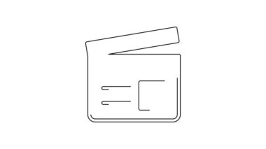 Siyah çizgi film alkışlayıcı simgesi beyaz arkaplanda izole edildi. Film alkışlama tahtası. Alkış tahtası işareti. Sinema yapımı ya da medya endüstrisi. 4K Video hareketli grafik canlandırması.