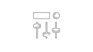 Siyah çizgi Ses Karıştırıcı simgesi beyaz arkaplanda izole edildi. DJ ekipman kaydırma düğmeleri. Konsol karıştırılıyor. 4K Video hareketli grafik canlandırması.