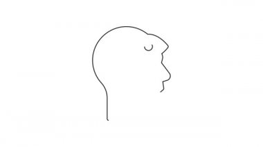 Beyaz arka planda üçüncü göz ikonu olan siyah çizgi adamı izole edildi. Meditasyon konsepti, enerji vizyonu, aura. 4K Video hareketli grafik canlandırması.