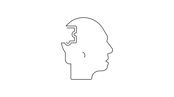 黒い線白い背景に隔離されたヒューマンヘッドパズル戦略アイコン 脳のサインだ 脳の象徴的な働き 4Kビデオモーショングラフィックアニメーション — ストック動画
