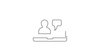 Siyah çizgi çevrimiçi eğitim ve mezuniyet ikonu beyaz arka planda izole edildi. İnternetteki öğretmen monitörde. Giyinme ve video semineri öğrenme. 4K Video hareketli grafik canlandırması.