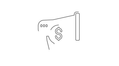 Siyah çizgi megafon ve dolar simgesi beyaz arka planda izole edilmiş. Yüksek sesli konuşma uyarısı konsepti. Ağızlık için megafon, terfi diye bağırıyor. 4K Video hareketli grafik canlandırması.