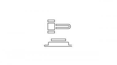 Siyah çizgi Yargıç Tokmak ikonu beyaz arka planda izole edildi. Gavel cezaların, faturaların, mahkemenin, adaletin hükmünü verecek. Açık arttırma çekici. 4K Video hareketli grafik canlandırması.