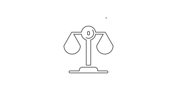 黒線白の背景に分離された正義のアイコンのスケール 裁判所のシンボル バランス スケール サイン 4Kビデオモーショングラフィックアニメーション — ストック動画