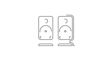 Siyah çizgi Stereo hoparlör simgesi beyaz arkaplanda izole edildi. Ses sistemi hoparlörleri. Müzik ikonu. Müzikal sütun hoparlörü. 4K Video hareketli grafik canlandırması.
