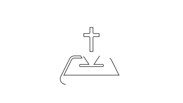黒い線白い背景に隔離されたピン教会の建物のアイコンをマップします キリスト教会 教会の宗教 4Kビデオモーショングラフィックアニメーション — ストック動画