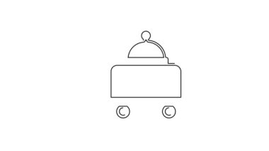 Beyaz arka planda izole edilmiş bir tepsi yiyecek ikonu ile kaplanmış siyah çizgi. Tepsi ve kapak işareti. Kapaklı bir restoran saati. 4K Video hareketli grafik canlandırması.