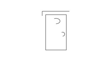 Siyah çizgi otel koridoru, beyaz arka planda kapalı numaralandırılmış kapı simgesi var. 4K Video hareketli grafik canlandırması.