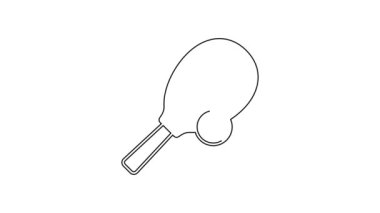 Siyah çizgili tenis raketi ve beyaz arka planda top ikonu var. Spor malzemeleri. 4K Video hareketli grafik canlandırması.