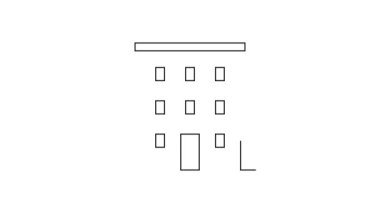 Siyah çizgi çok katlı bina simgesi beyaz arkaplanda izole edildi. 4K Video hareketli grafik canlandırması.