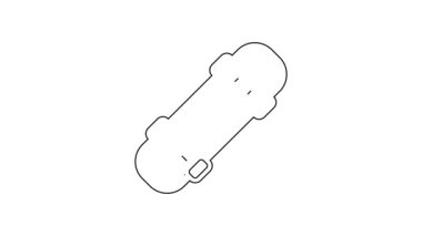 Siyah çizgi kaykay simgesi beyaz arkaplanda izole edildi. Olağanüstü bir spor. Spor malzemeleri. 4K Video hareketli grafik canlandırması.