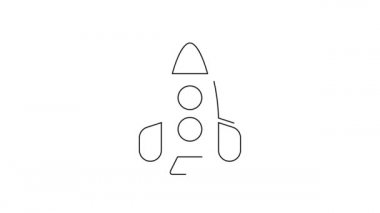 Siyah çizgi roket oyuncak ikonu beyaz arka planda izole edildi. Uzay yolculuğu. 4K Video hareketli grafik canlandırması.