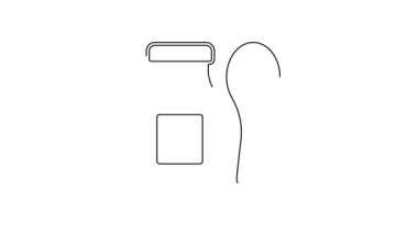 Siyah çizgi, beyaz arka planda izole edilmiş kaşık ikonu olan şişede yoğurt içmek. Bebek maması. 4K Video hareketli grafik canlandırması.