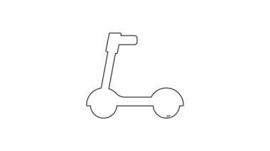 Beyaz arka planda izole edilmiş çocuk simgesi için siyah çizgili paten scooter. Motoru tekmele ya da dengeli sür. 4K Video hareketli grafik canlandırması.