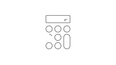 Siyah çizgi hesap makinesi simgesi beyaz arkaplanda izole edildi. Muhasebe sembolü. İş hesaplamaları matematik eğitimi ve finans. 4K Video hareketli grafik canlandırması.