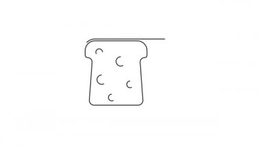 Beyaz arka planda izole edilmiş kızarmış kızarmış ekmek ikonu için siyah çizgili ekmek tostu. Öğle yemeği, akşam yemeği, kahvaltı atıştırmalığı. 4K Video hareketli grafik canlandırması.