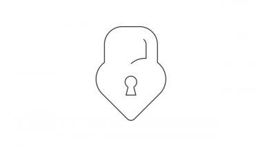 Beyaz arka planda izole edilmiş kalp simgesi şeklindeki siyah çizgi Castle. Kilitli Kalp. Aşk sembolü ve anahtar deliği işareti. 4K Video hareketli grafik canlandırması.