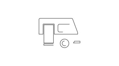 Siyah çizgi Rv Kamp karavanı simgesi beyaz arkaplanda izole edildi. Gezici ev, karavan, yolculuk için ev karavanı. 4K Video hareketli grafik canlandırması.