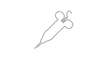 Siyah çizgi şırınga simgesi beyaz arkaplanda izole edildi. Aşı için şırınga, aşı, iğne, grip aşısı. Tıbbi ekipman. 4K Video hareketli grafik canlandırması.