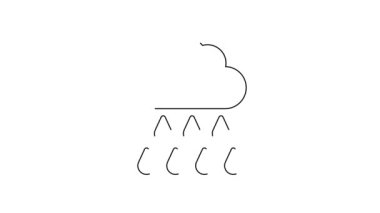 Beyaz zemin üzerinde yağmur ikonu olan siyah çizgi bulutu. Yağmur damlaları ile yağmur bulutu yağışı. 4K Video hareketli grafik canlandırması.