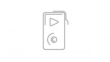 Siyah çizgi müzik çalar simgesi beyaz arkaplanda izole edildi. Taşınabilir müzik cihazı. 4K Video hareketli grafik canlandırması.