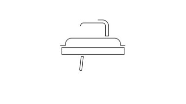 Beyaz arkaplanda siyah çizgi sauna fırçası simgesi izole edildi. Banyoda yıkanmak için kaba kıllı ahşap bir fırça. Selülit önleyici masaj. 4K Video hareketli grafik canlandırması.