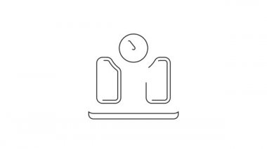 Siyah çizgi banyo ölçekli simge beyaz arka planda izole edildi. Ağırlık ölçme ekipmanı. Ağırlık ölçeği spor konsepti. 4K Video hareketli grafik canlandırması.