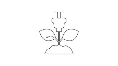 Beyaz arkaplanda siyah çizgi elektrik kaydedilen yaprak simgesi. Elektrik tasarrufu. Çevresel koruma. Biyolojik enerji. 4K Video hareketli grafik canlandırması.