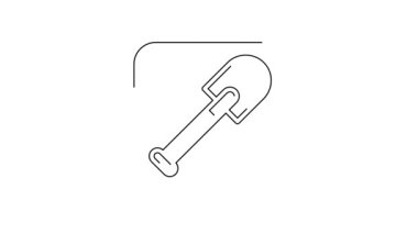 Siyah çizgi kürek simgesi beyaz arkaplanda izole edildi. Bahçe aletleri. Bahçecilik, tarım, çiftçilik aleti. 4K Video hareketli grafik canlandırması.