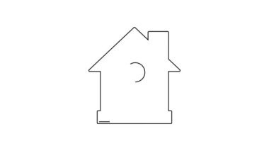 Beyaz zemin üzerinde ev simgesi olan siyah çizgi haritası işaretçisi. Ev konumu belirleyici sembol. 4K Video hareketli grafik canlandırması.