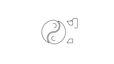 Beyaz arka planda izole edilmiş siyah çizgi Yin Yang uyum ve denge simgesi. 4K Video hareketli grafik canlandırması.