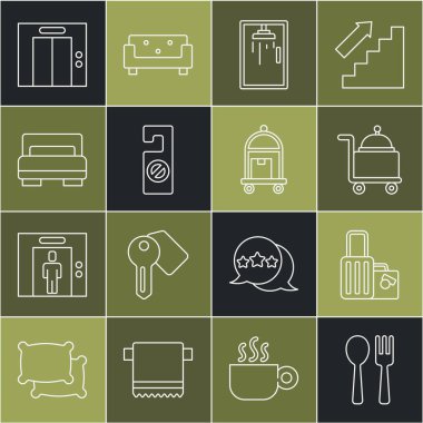 Çatal ve kaşık bavulu tepsi duş kabiniyle kaplı olsun. Lütfen otel odası yatak kaldırma ve ikonunu rahatsız etmeyin. Vektör.