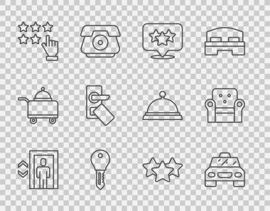 Lift Lift Taksi Stars otelinin kapı kilidi dijitali ve Armchair simgesini ayarla. Vektör.