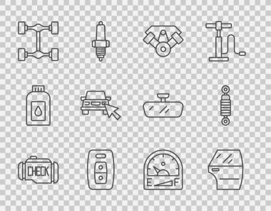 Motor gazı göstergesini ve şok emici simgesini paylaşan uzaktan Chassis Çevrimiçi Chassis Online motorlu Araç Otomobili Güç anahtarını kontrol et. Vektör.