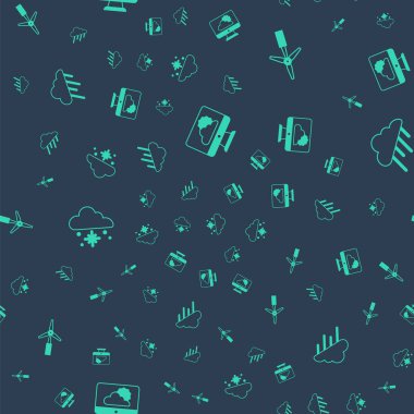 Hava tahmini, rüzgâr türbini, kar ve yağmurla dolu bulutlar. Vektör.