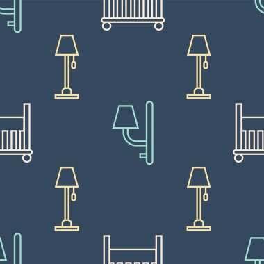 Bebek karyolası beşik yatağı, yer lambası ve duvar lambasını pürüzsüz desen üzerine ayarla. Vektör.