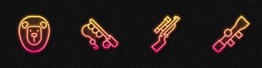 Set line Sniper rifle with scope, Wild lion, Fishing rod and optical sight. Glowing neon icon. Vector.