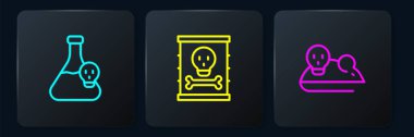 Set line Beaker with toxic liquid Experimental mouse and Radioactive waste in barrel. Black square button. Vector.
