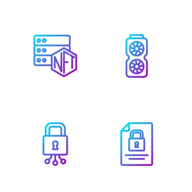 Hat Dökümanını ayarla ve Siber Güvenlik NFT engelleme teknolojisi ve Video grafik kartını kilitle. Renk simgeleri. Vektör.